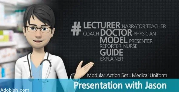 پروژه افترافکت پرزنتیشن پزشکی با کاراکتر انیمیشن Presentation With Jason: Medical Uniform